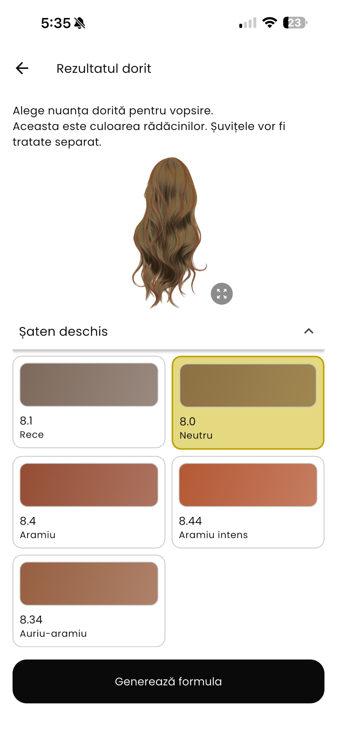 Ecranul Color MiHair — alegerea nuanței dorite din paleta profesională