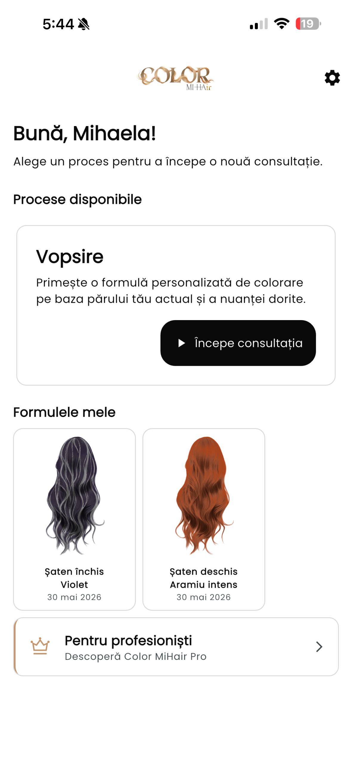 Aplicația Color MiHair — ecranul principal